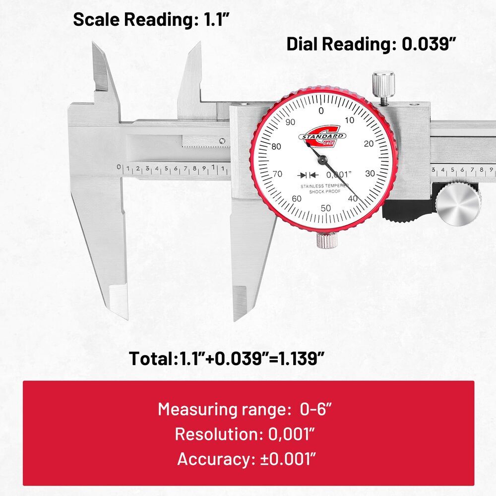 Standard Gage 0-6″ Range SAE Dial Caliper Measuring Tool ±0.001″ Accuracy USA