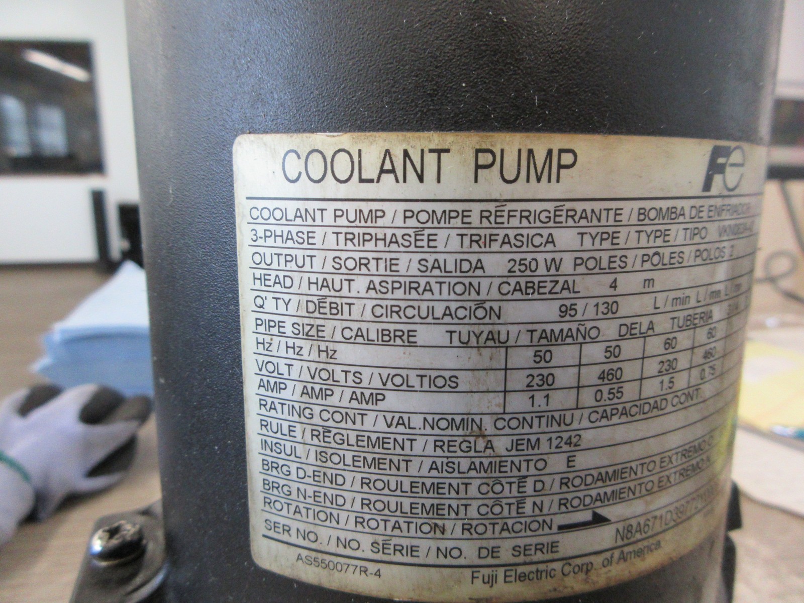Fuji Electric Coolant Pump VKN083A-4Z 250W 230/460V 2P 4m Head 95/130 L/Min Used