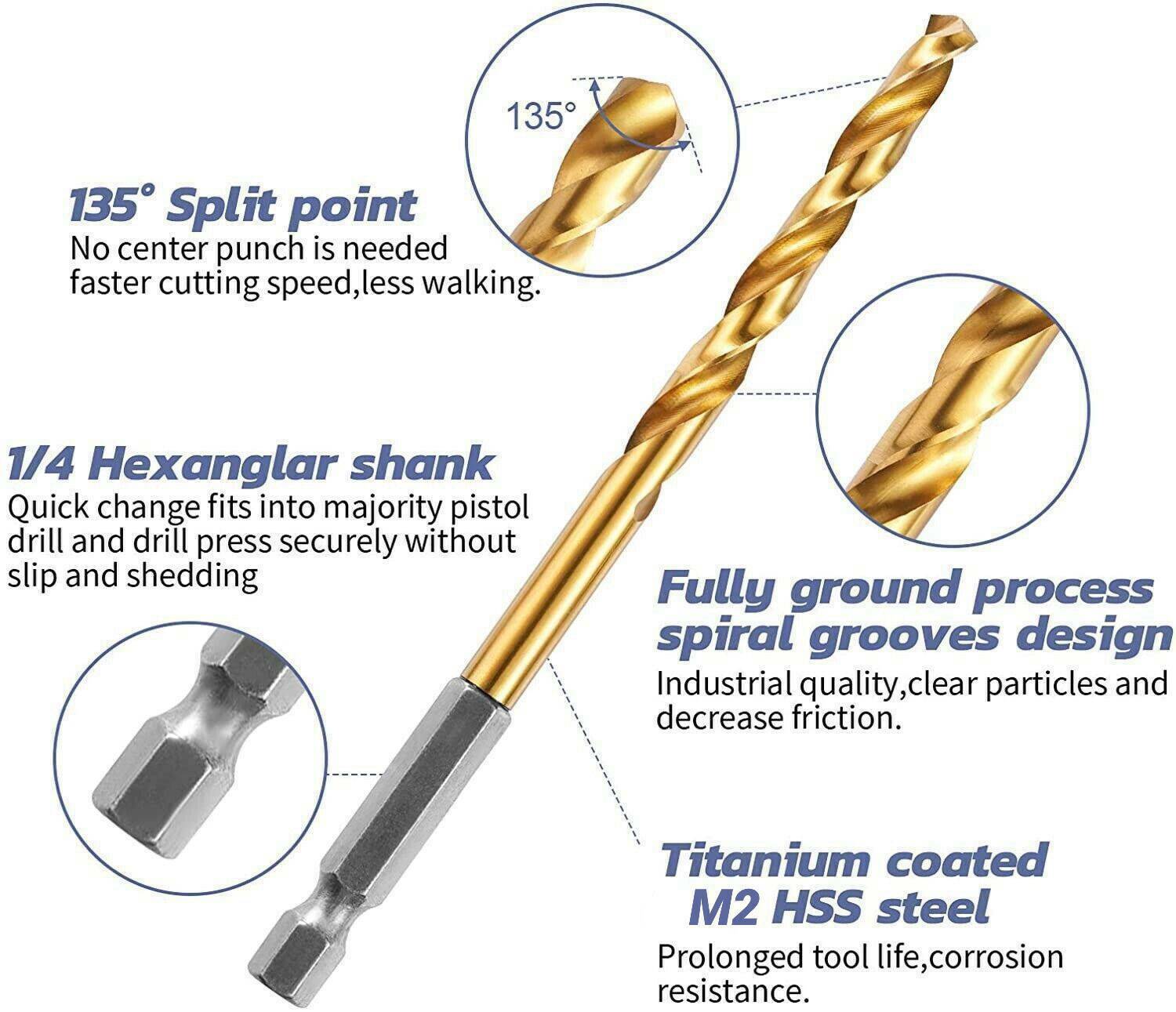13pcs 1/4» Hex Shank Titanium Coated HSS Steel DRILL BIT Set Metal Wood Plastic