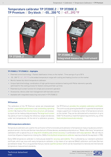 SIKA TP37200E.2i Premium Temperature Calibrator Range -55°C to 200 °C