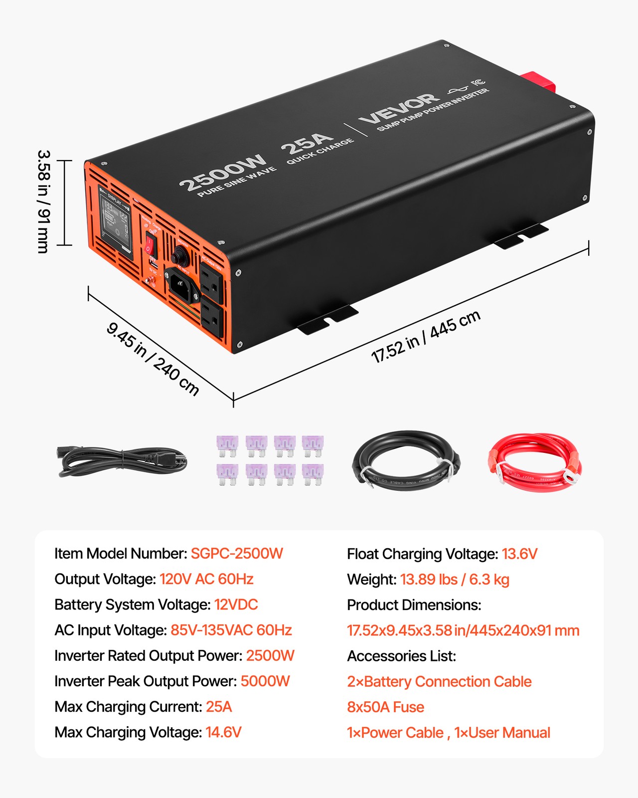 VEVOR 2500W Sump Pump Battery Backup System LCD Pure Sine Wave Power Inverter