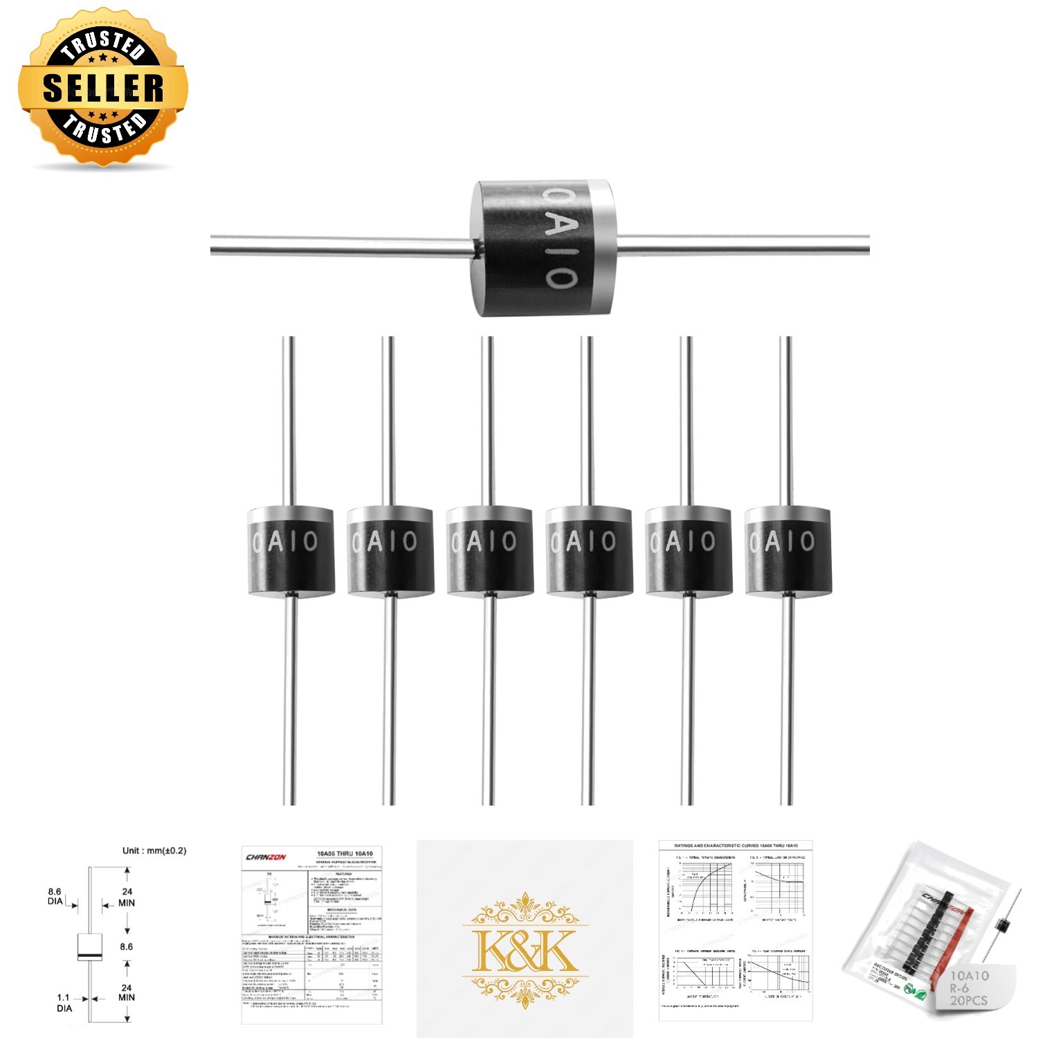 20-Pack 10A10 Axial Diodes – 10A Forward Current, Low Leakage, High Durability