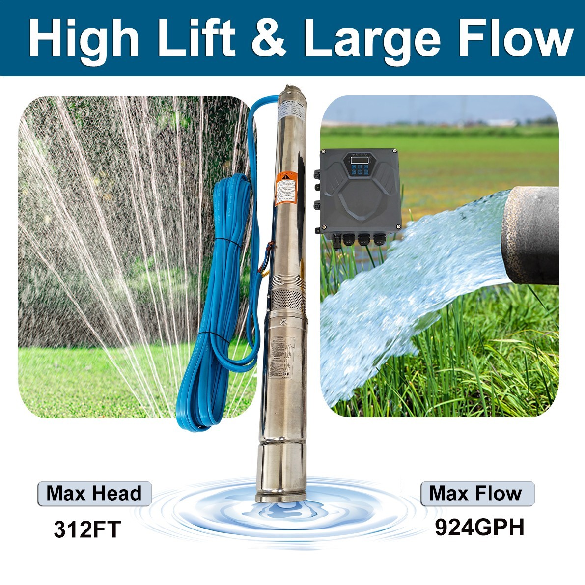 DC 12V 3” Solar Deep Well Pump Water Pump 396GPH Stainless Steel Submersible