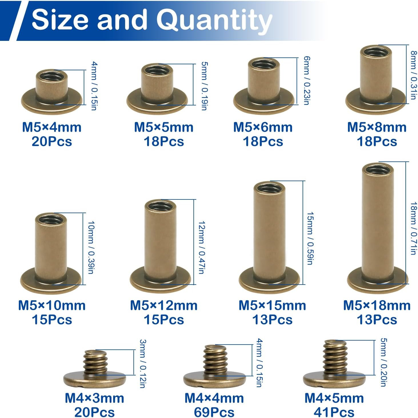 130Sets Chicago Screws Kit, Bronze Screw Rivets, 8 Sizes Carbon Steel Binding Sc
