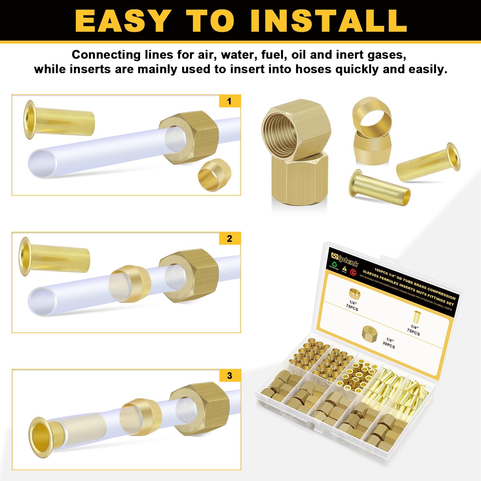 Brass Compression Fittings Kit 180 PCS 1/4 inch Sleeves Ferrules Inserts