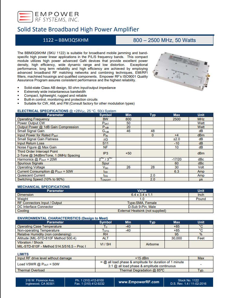 800-2500 MHz (0.8-2.5 GHz), 50 Watts Solid State Broadband High Power Amplifier