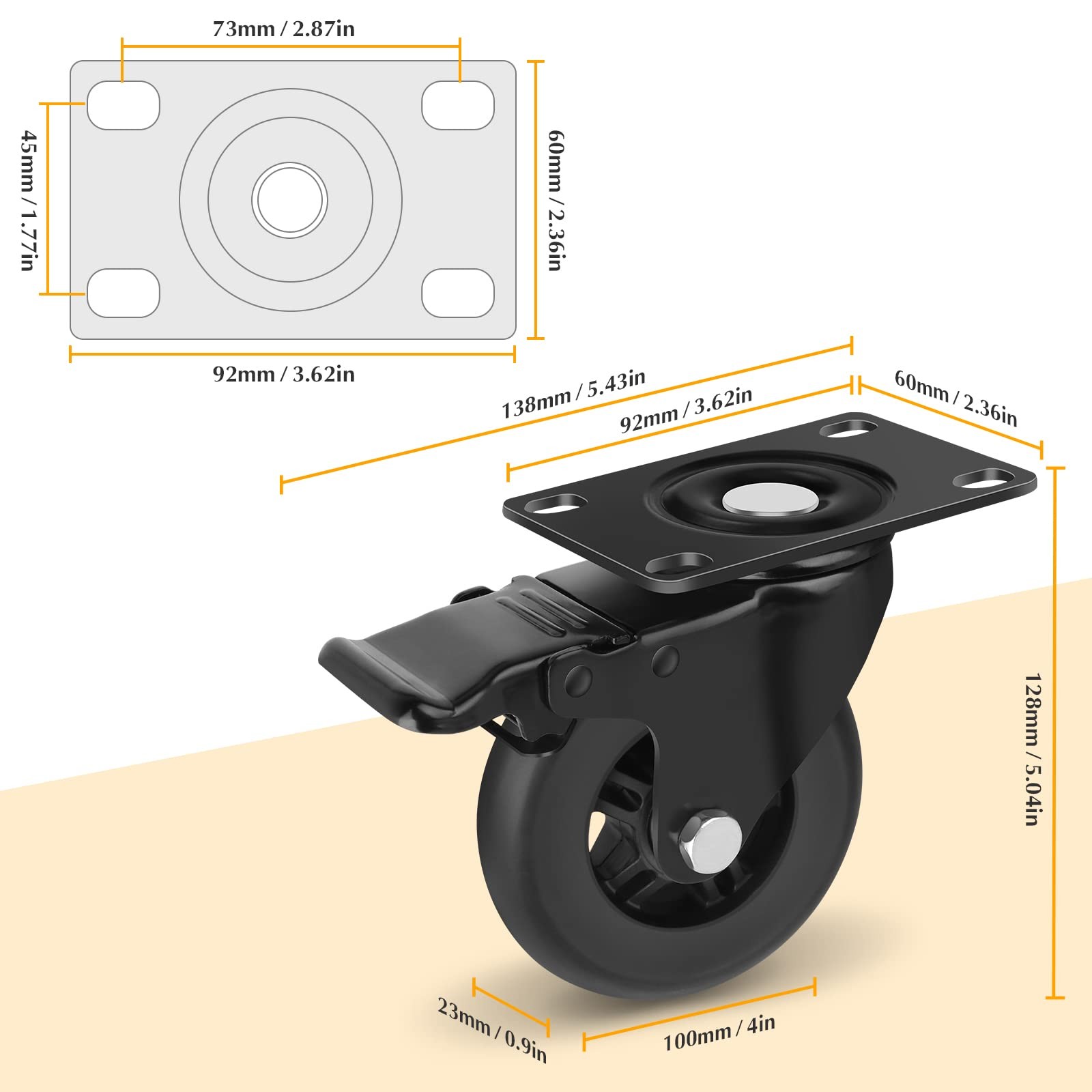 Casters Set Of 4 4 Inch Heavy Duty Quiet Soft Wheels 22000LBS Load Glide