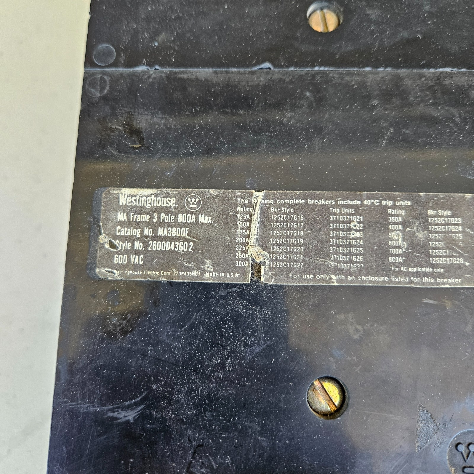 MA3800F 800A Breaker 600V w/500A Trip Unit – Westinghouse