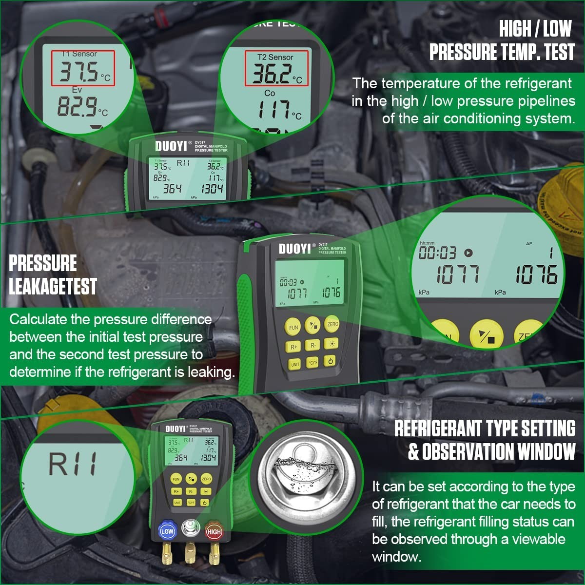 Large LCD Digital Manifold Gauge Set with Multi-Unit Switching for HVAC Systems
