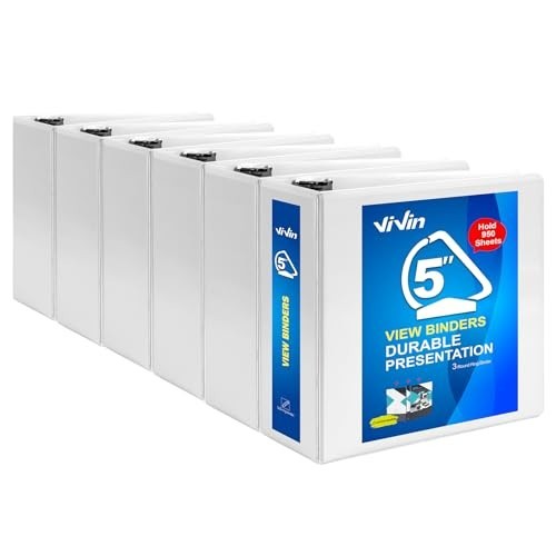 ViVin 5in D-Ring View Binder 950-Sheet Capacity 8.5 x 11 White 6 Pack