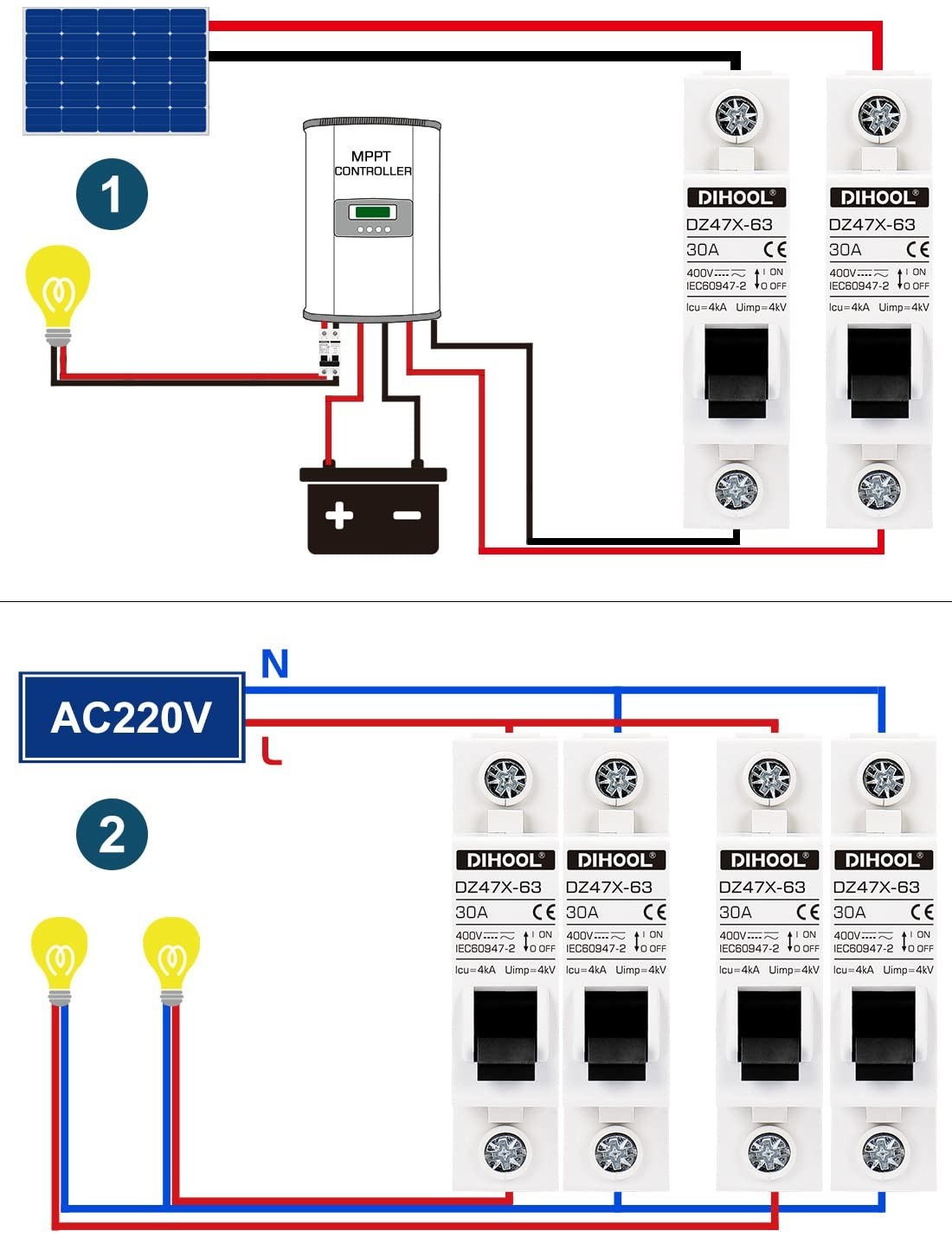 AC/DC Miniature Circuit Breakers 30 Amp, Quick Trip Solar Disconnect Switch Pack