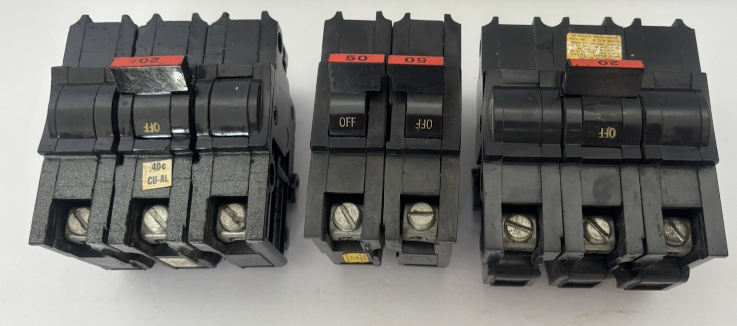 Lot of 3 FPE Circuit Breakers- Two – 20 Amp 3 Pole Stab-Lok & One- 50 Amp 2 Pole