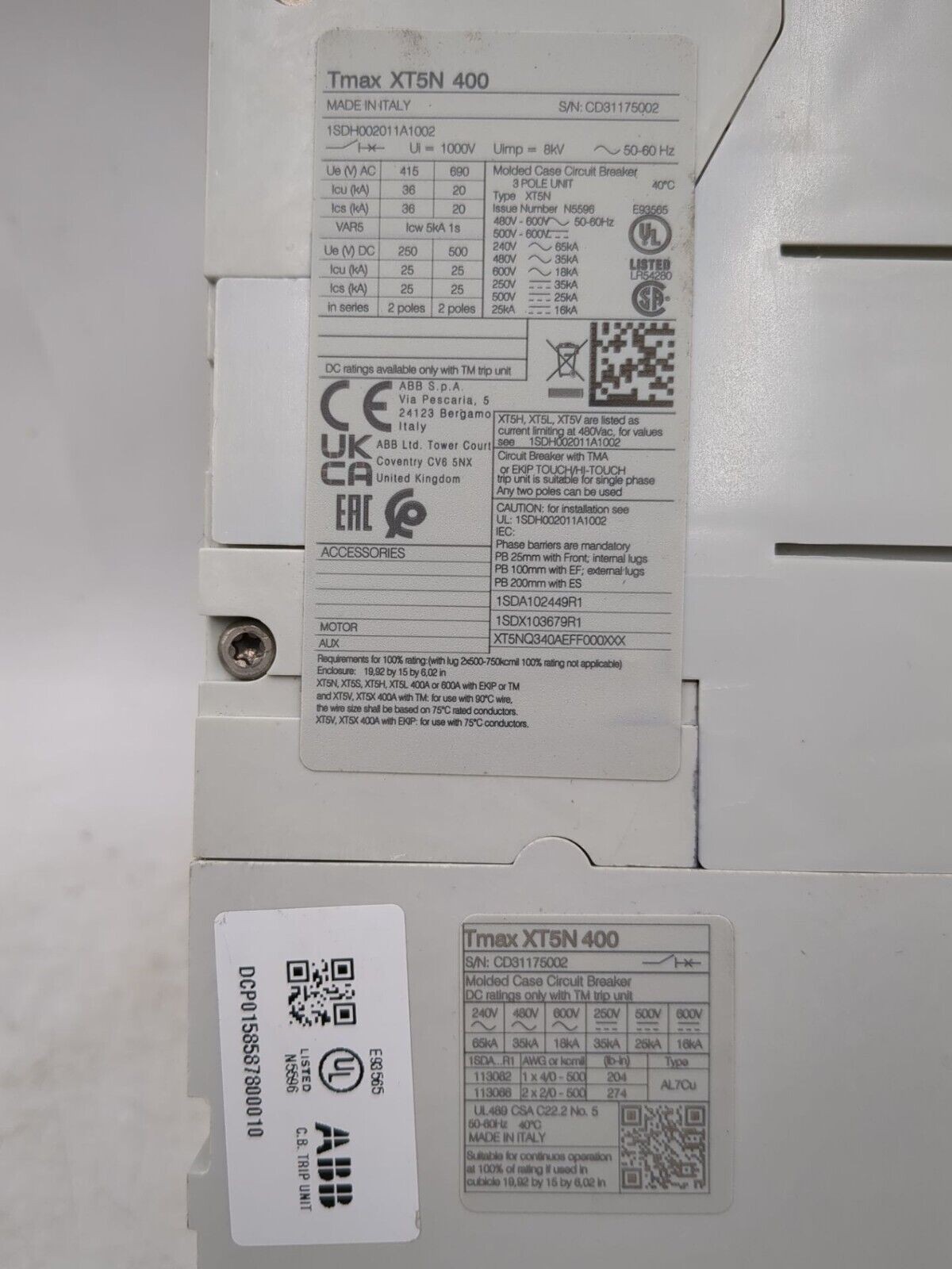 ABB SACE XT5N 400, 1SDX103679R1 Trip, 3 Pole, 400 Amp, 600 Volt, Circuit