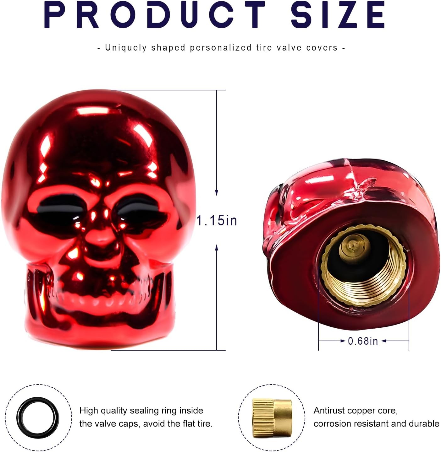 5Pcs Skull Style Tire Valve Stem Caps Antirust Copper Core Cars Trucks Wheel Red