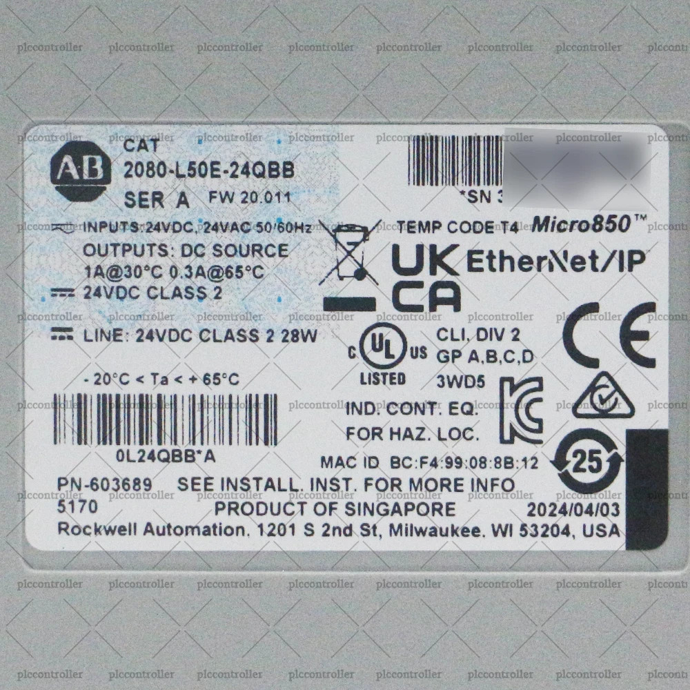 New Allen-Bradley 2080-L50E-24QBB SER A Micro850 24 I/O EtherNet/IP Controller