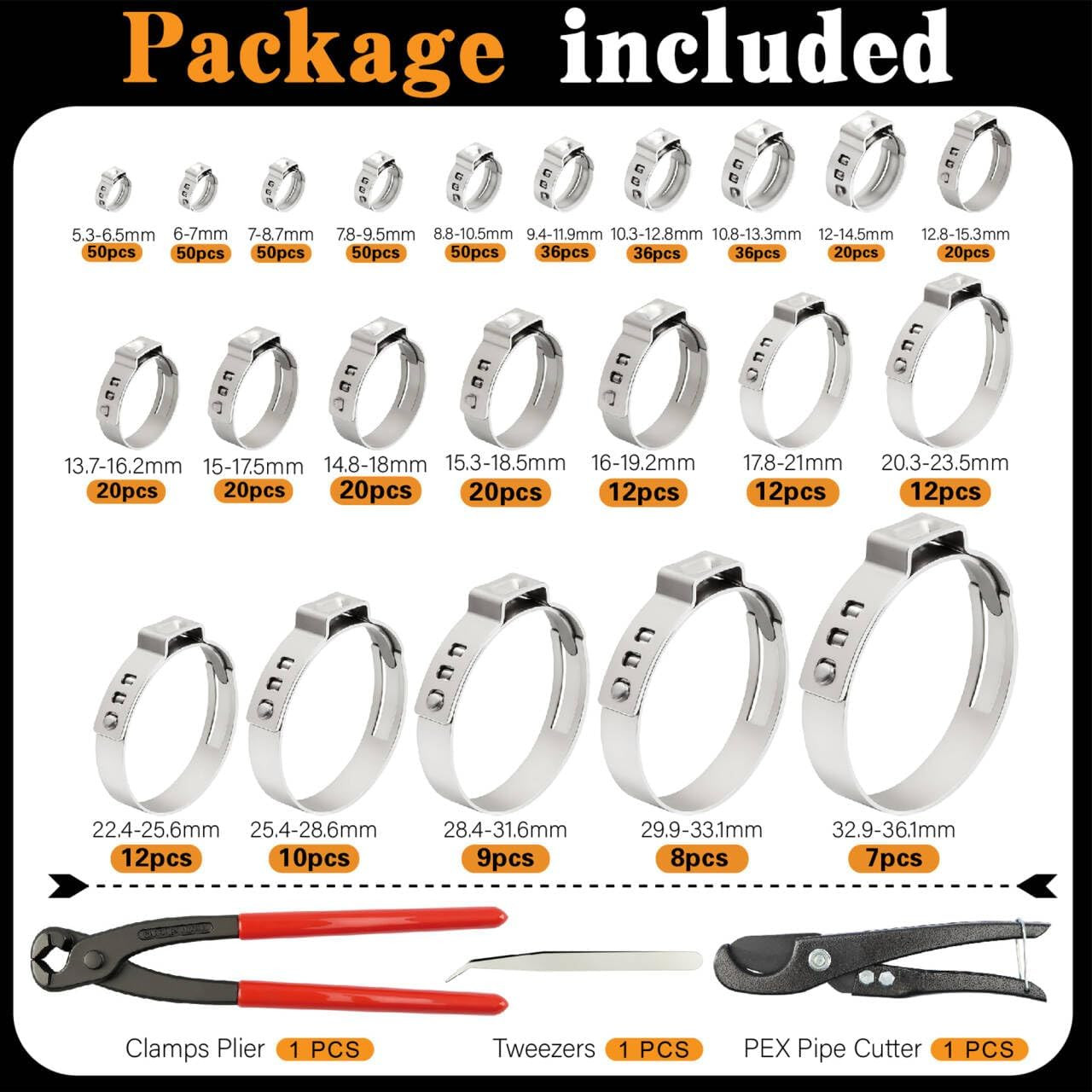 560Pcs Single Ear Hose Clamps Assortment Kit,Stepless 22 Size(5.3-36.1Mm) 304 St