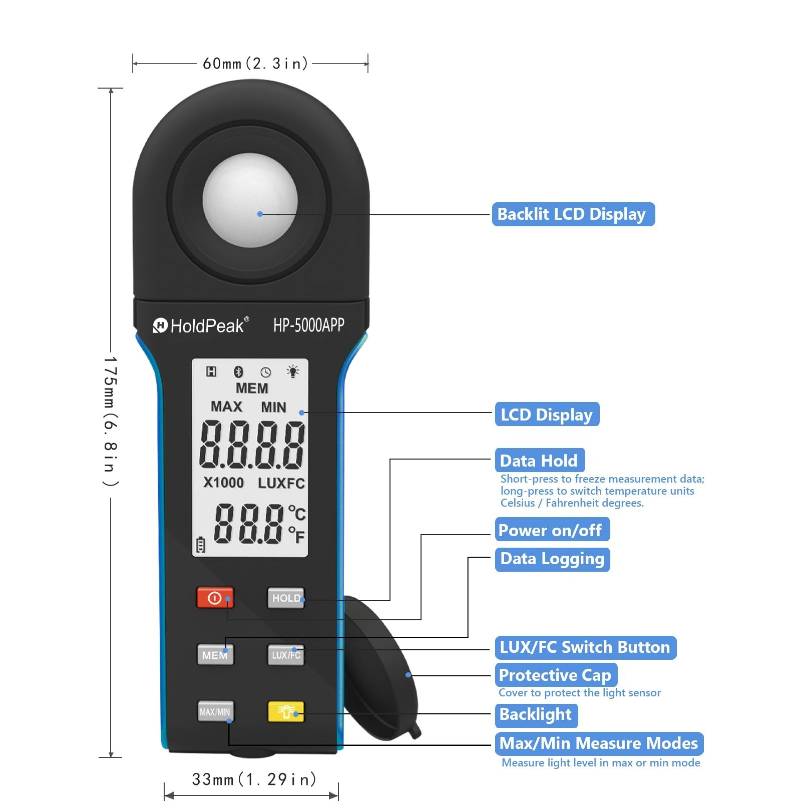 HoldPeak Illuminance Light Meter with Bluetooth, Digital Lux Foot Candles Met…