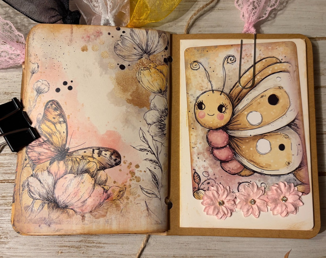 Junk Journal Handmade Booklet Book Vintage «Bees Butterflies» Pocket Ephemera a