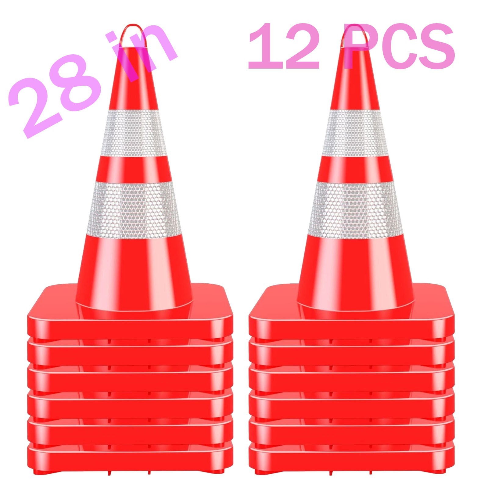 12PC 28″PVC Safety Cones with Reflective Strip Traffic Cones for Traffic Control