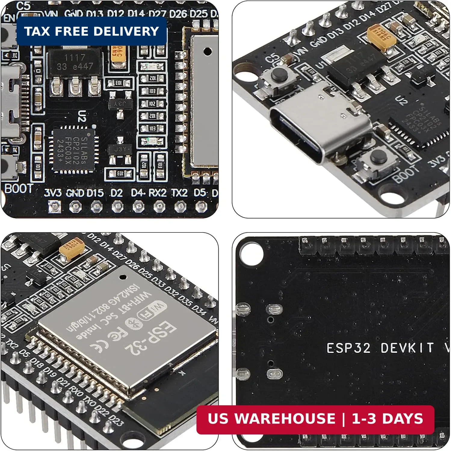ESP32 ESP-WROOM-32 Wifi and Bluetooth Development Board, 38-Pin, with USB Type-C