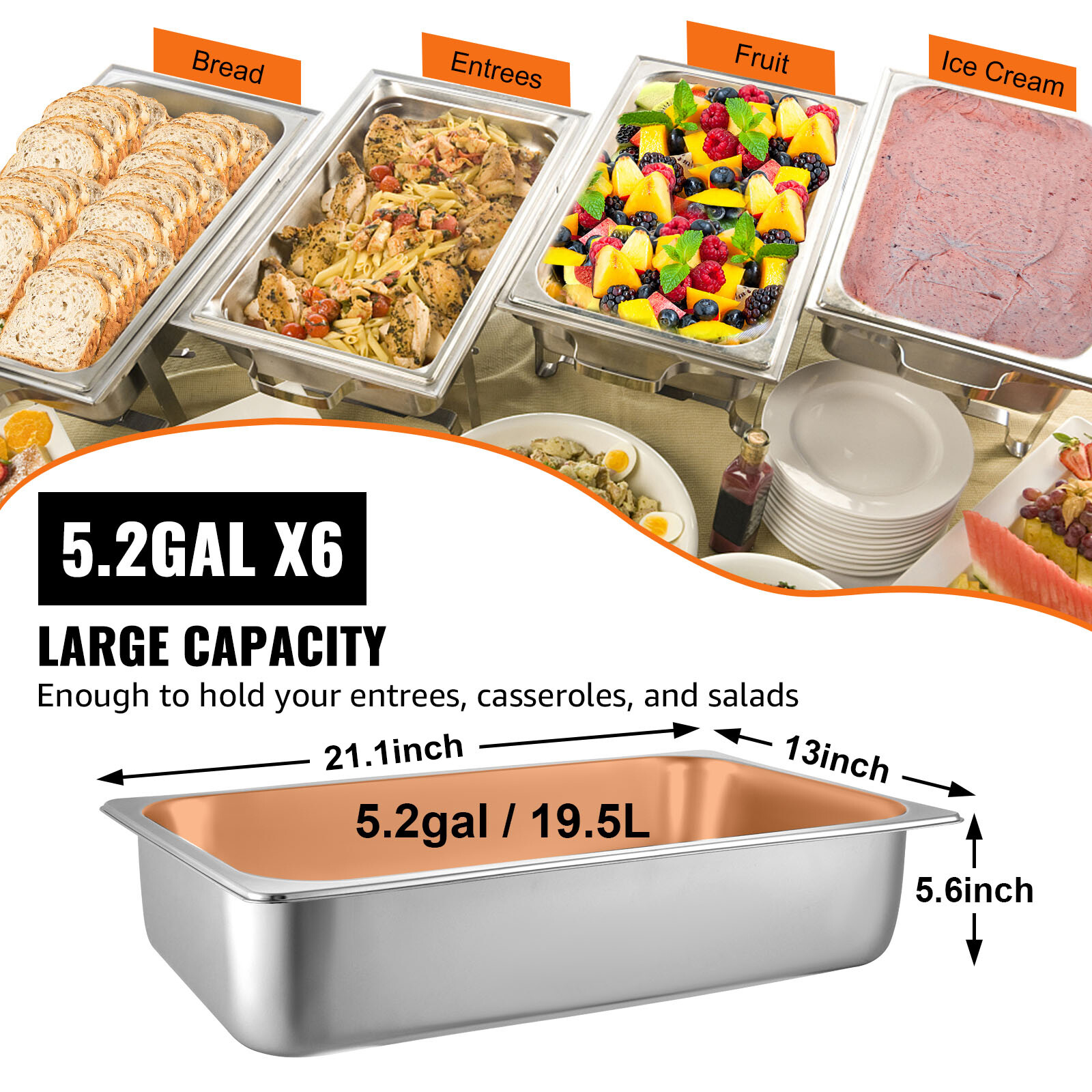 VEVOR 6 Pack 6″ Deep Stainless Steel Steam Table Pans Hotel Food Prep Pan