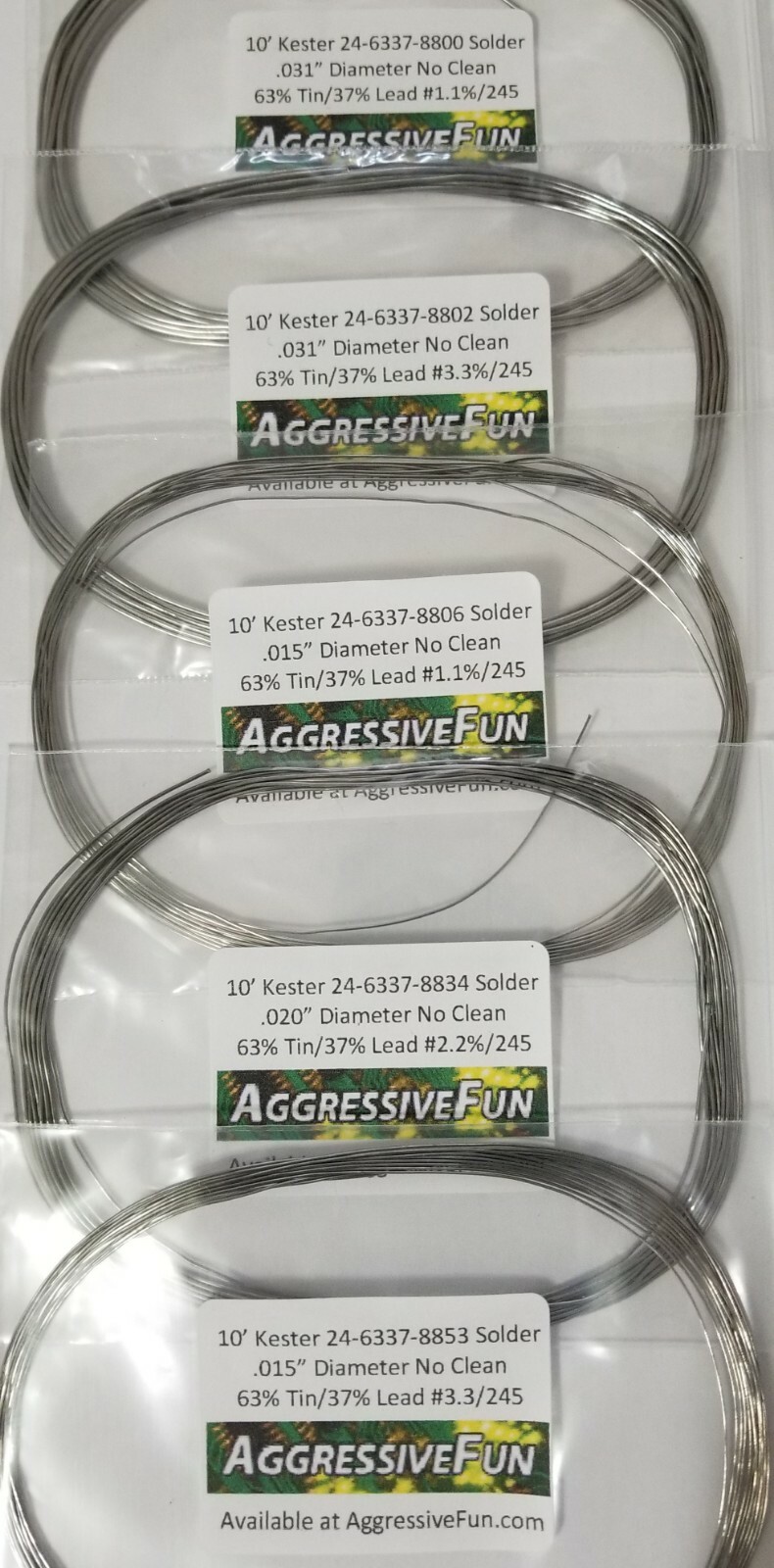 Kester No Clean Core Solder Assortment 63/37 5 Types .015″ to .031″ & 1.1%to3.3%