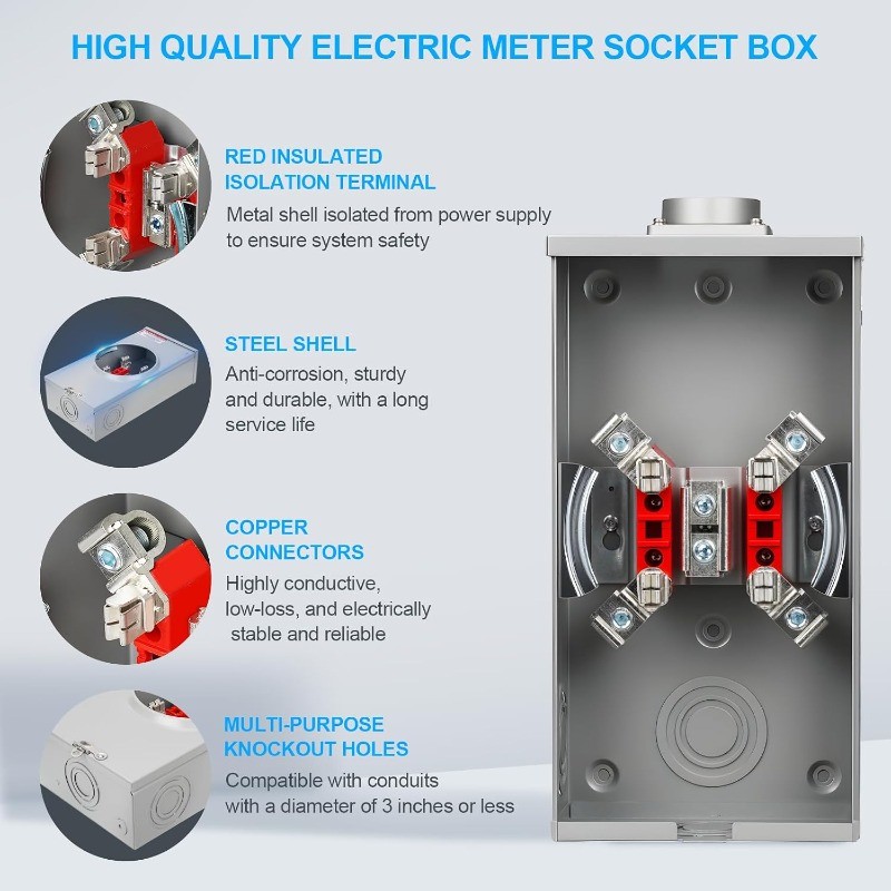 200 Amp Meter Socket, 4 Jaw Meter Base, 600V 3 Wire Ringless Type