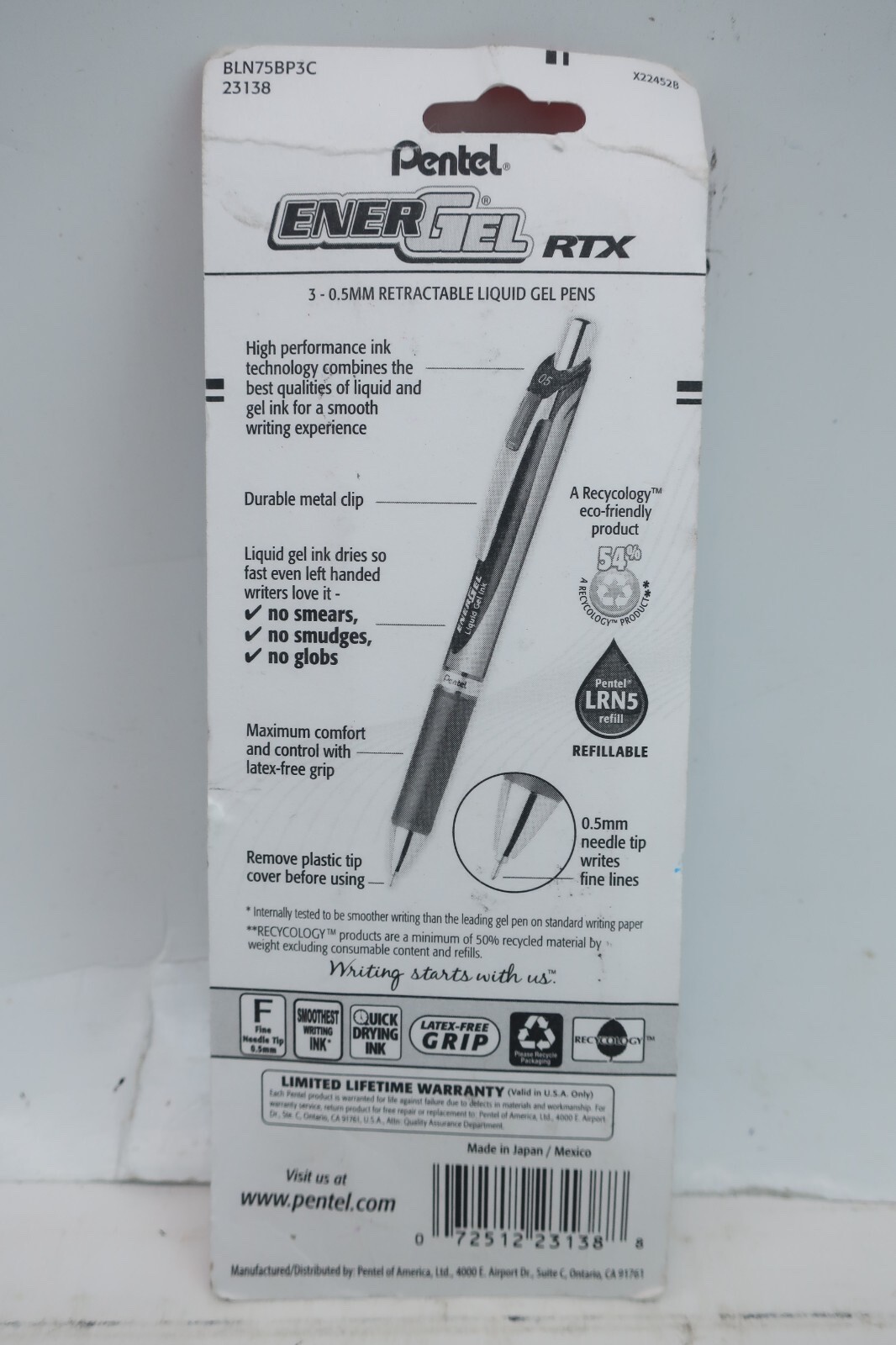 Pentel EnerGel RTX 3 PACK Liquid Gel Pens 0.5mm Fine – Needle Tip – Blue Ink