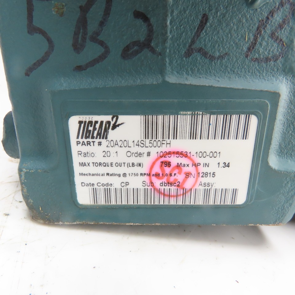 Dodge 20A20L14SL500FH Tigear-2 Speed Reducer 20:1 Ratio 1.34HP 87.5RPM Output