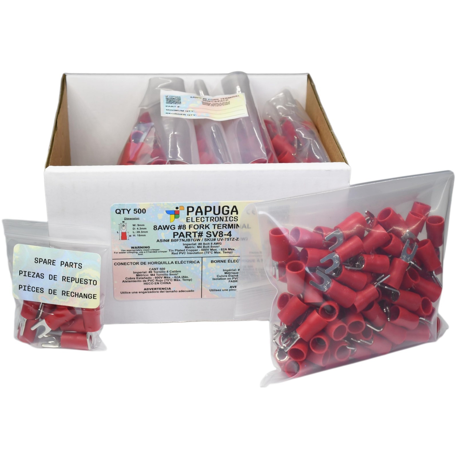 500PCS 8 AWG Fork Spade Crimp Connectors, PVC Insulated, 600V 62A, CE & RoHS
