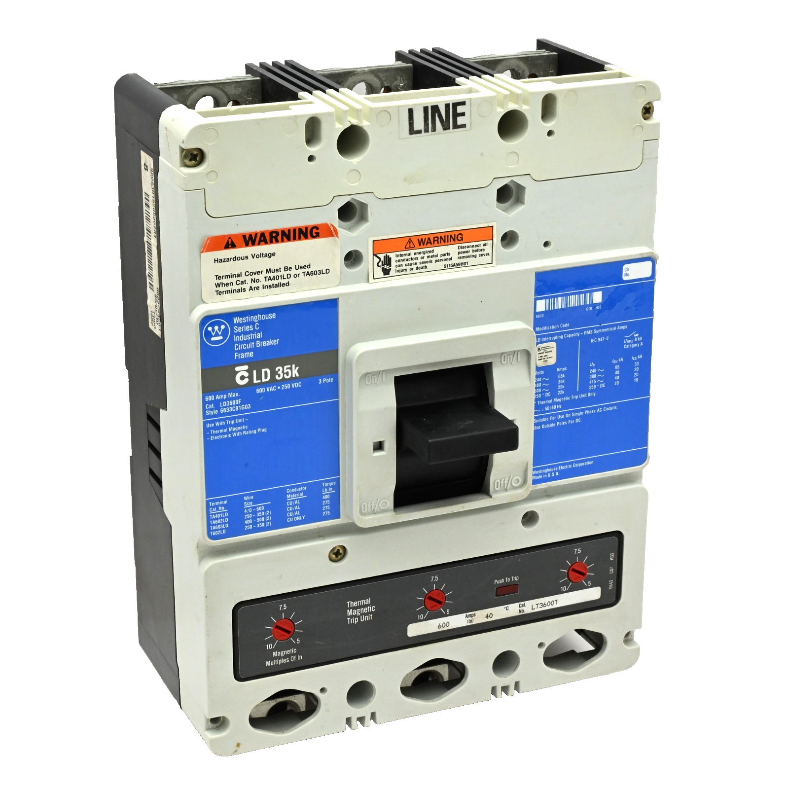 Westinghouse LD3600F Industrial Circuit Breaker 6633C81G03 600A 600VAC/250VDC 3P