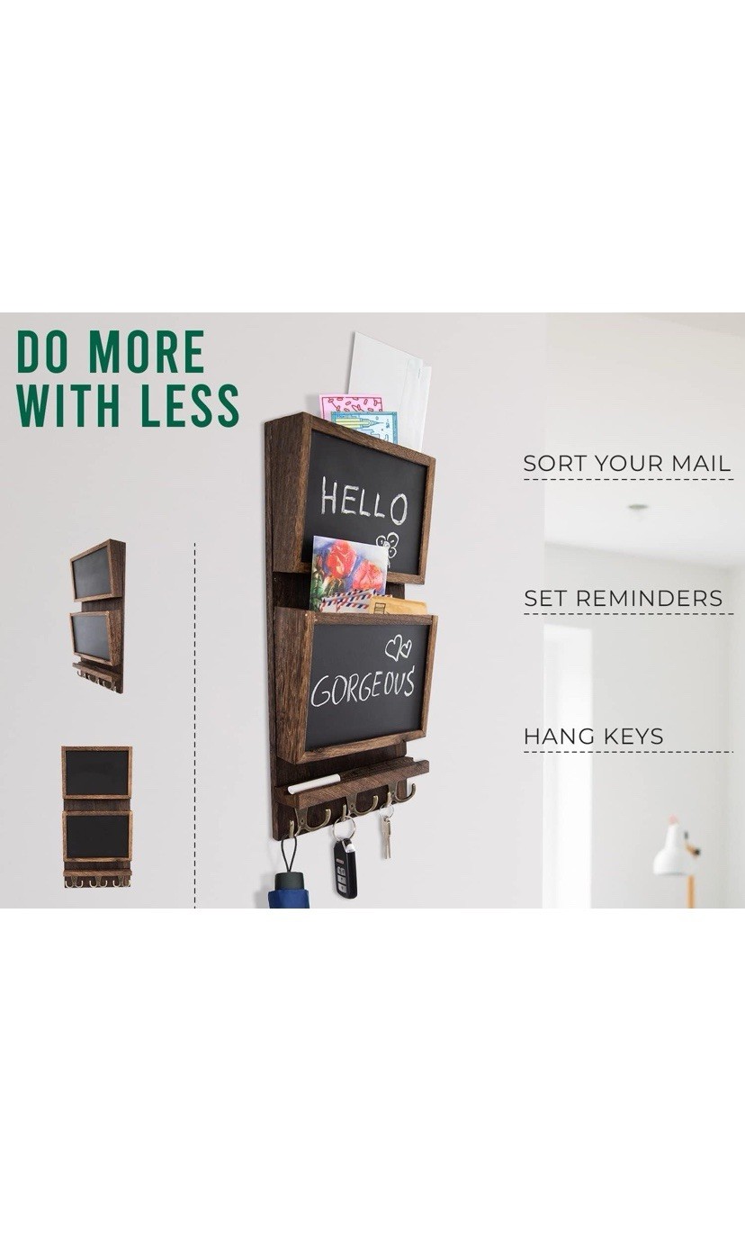 2-Slot Rustic Wood Wall Mounted Mail Sorter Organizer with Chalkboard-Rustic BR