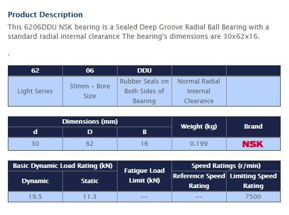 NSK 6206 DDU Deep Groove Radial Ball Bearing 30x62x16mm