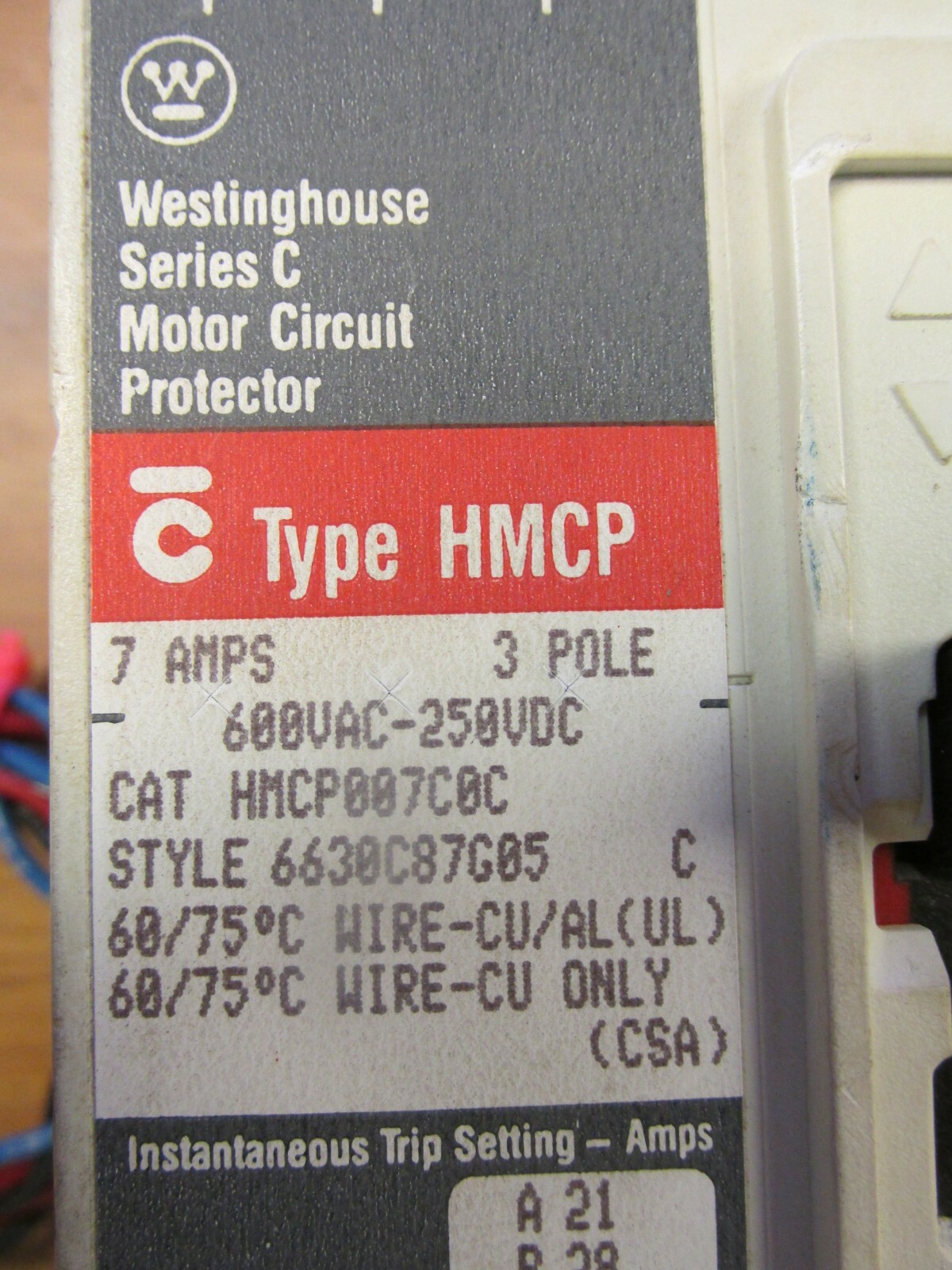WESTINGHOUSE MOTOR CIRCUIT PROTECTOR 3 POLE 7 AMP HMCP007C0C… VA-135C