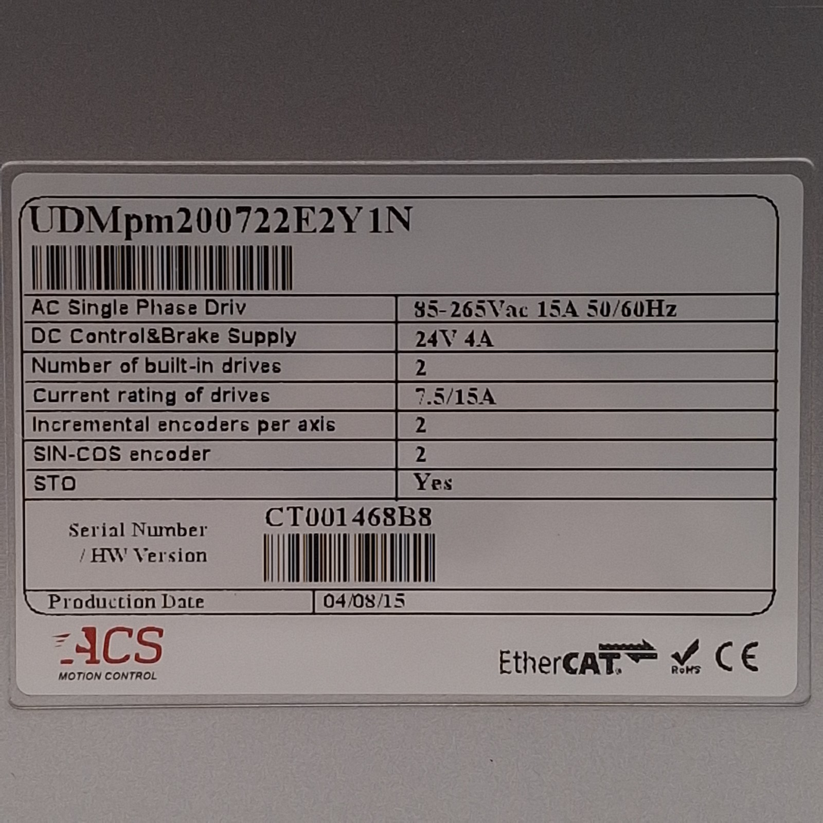 ACS UDMpm200722E2Y1N Universal Drive Module, 1 or 2 Axis, 1.6kW, 85-265VAC 15A