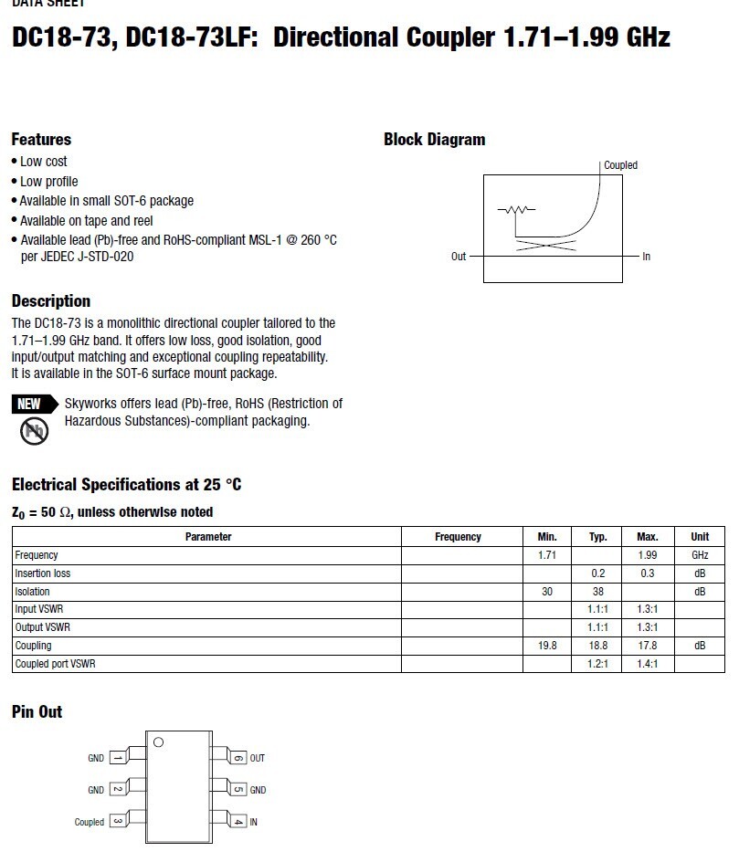 5pcs Skyworks DC18-73LF: Directional Coupler 1.71–1.99 GHz SOT-6 Package