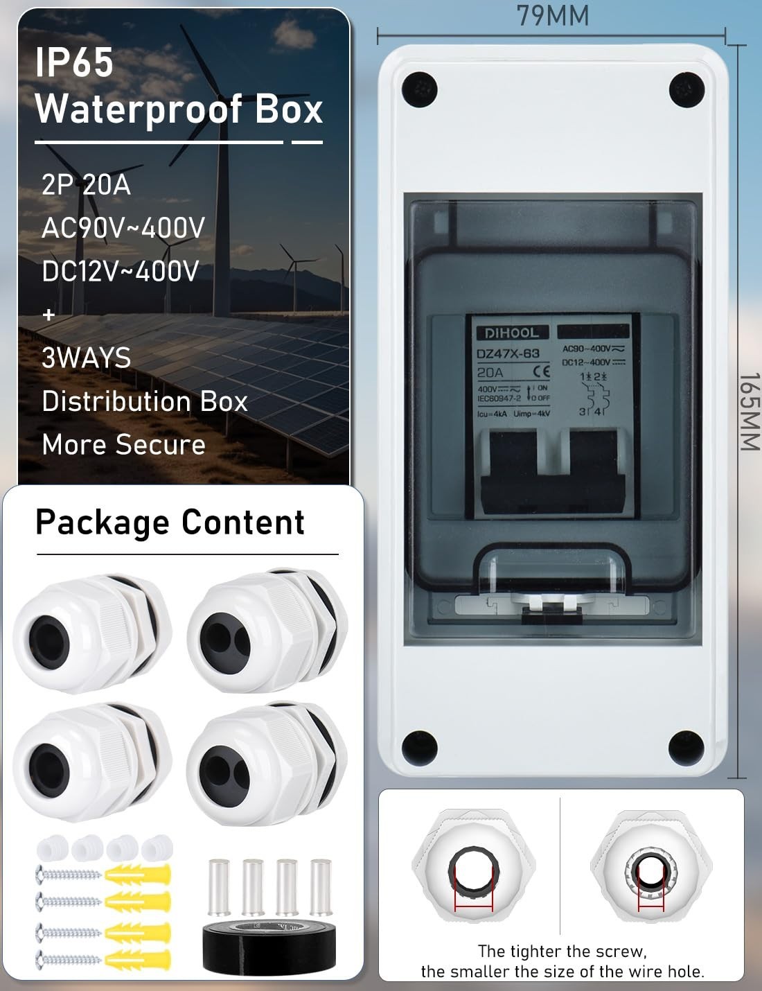 Solar Panel Disconnect Switch 20A Dual Pole IP65, AC DC Circuit Breaker Isolator