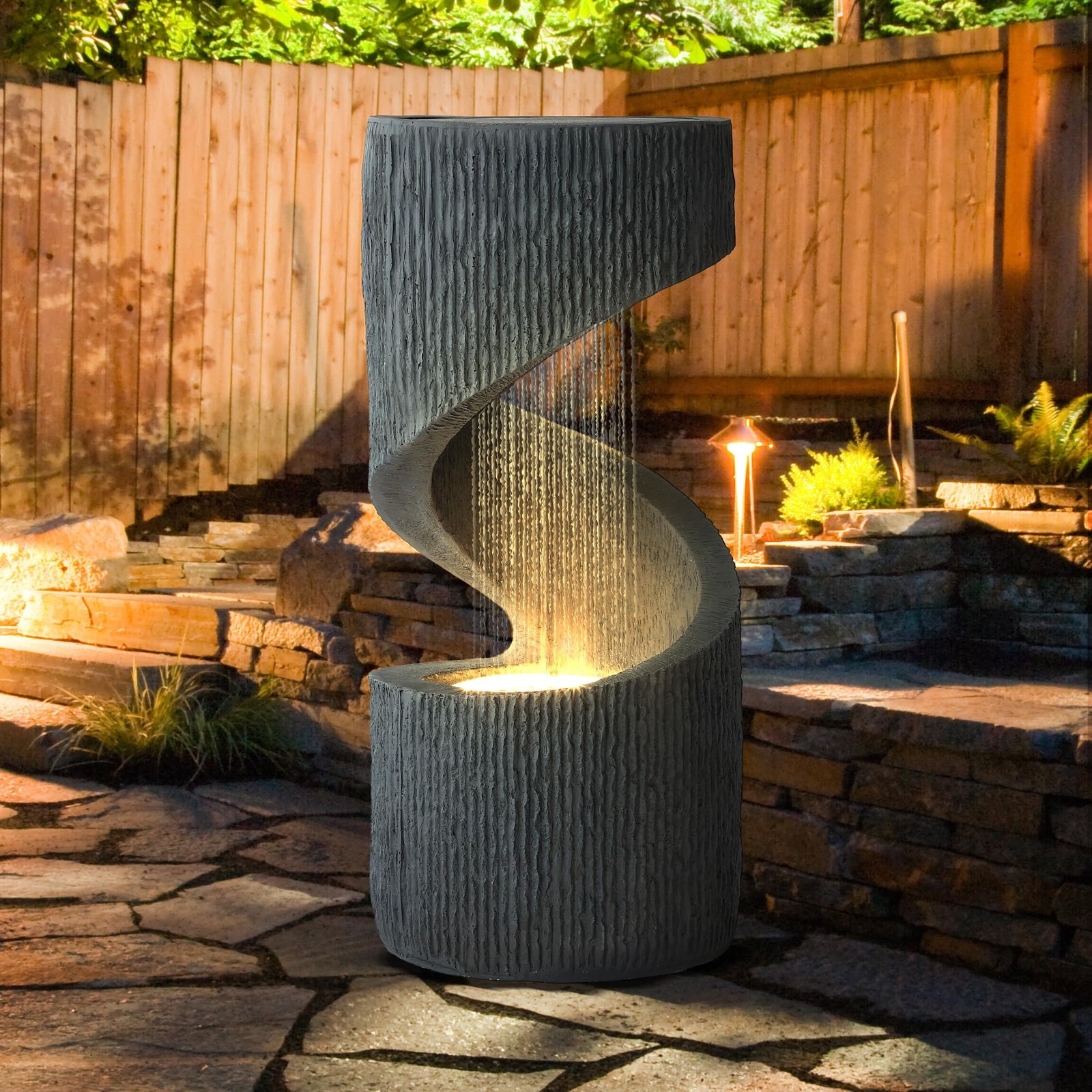 31.9″ S-Shaped Water Fountain LED Lights Cascading Indoor Outdoor Floor Standing