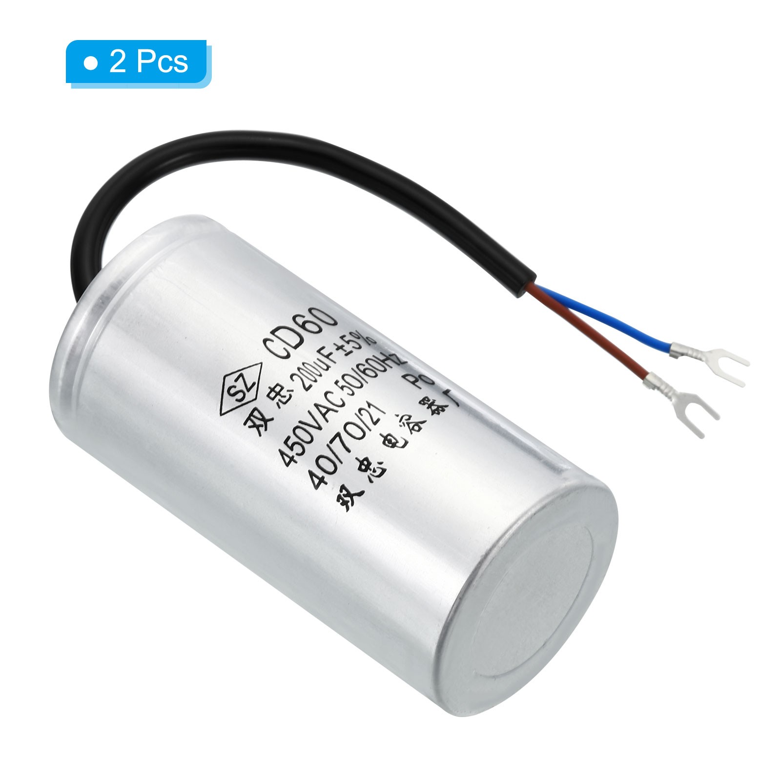 2Pcs 200uF 450VAC 2 Wires 5% Tolerance 50/60Hz CD60 Run Capacitor