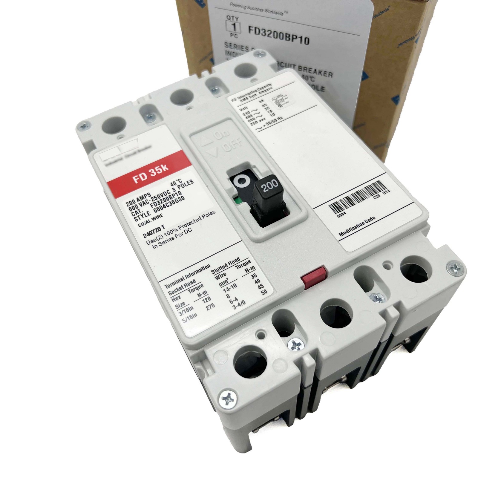 New Circuit Breaker FD 35k 200 Amp 3 Pole 600V FD3200BP10