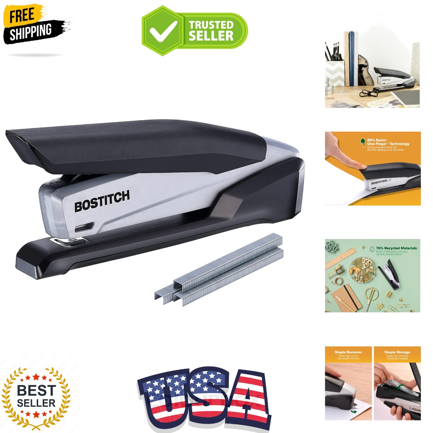 Bostitch Office InPower Desktop Eco-Friendly Stapler, One-Finger Technology, …