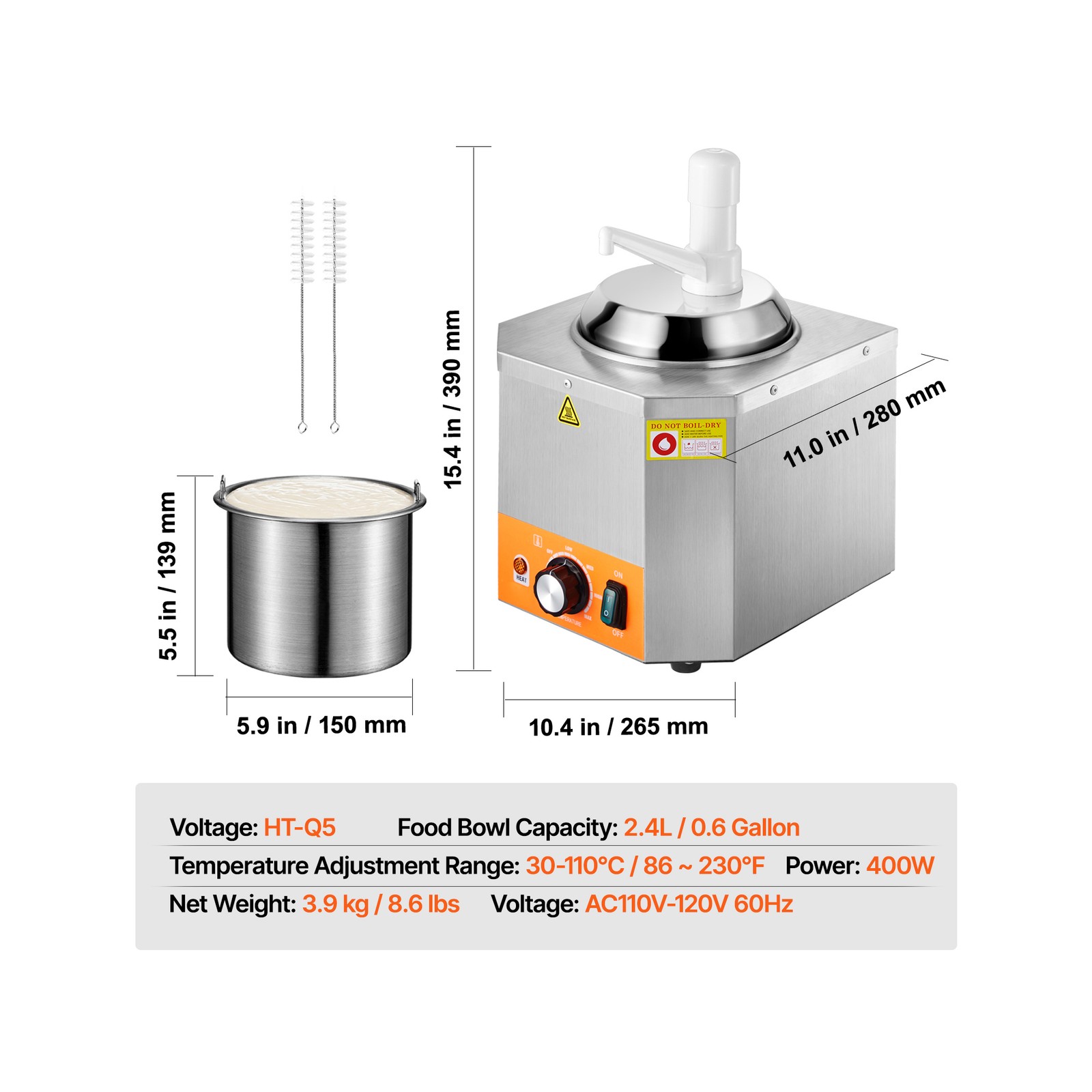 2.4L Electric Nacho Cheese Dispenser w/Pump Commercial Hot Fudge Warmer 86℉-230℉