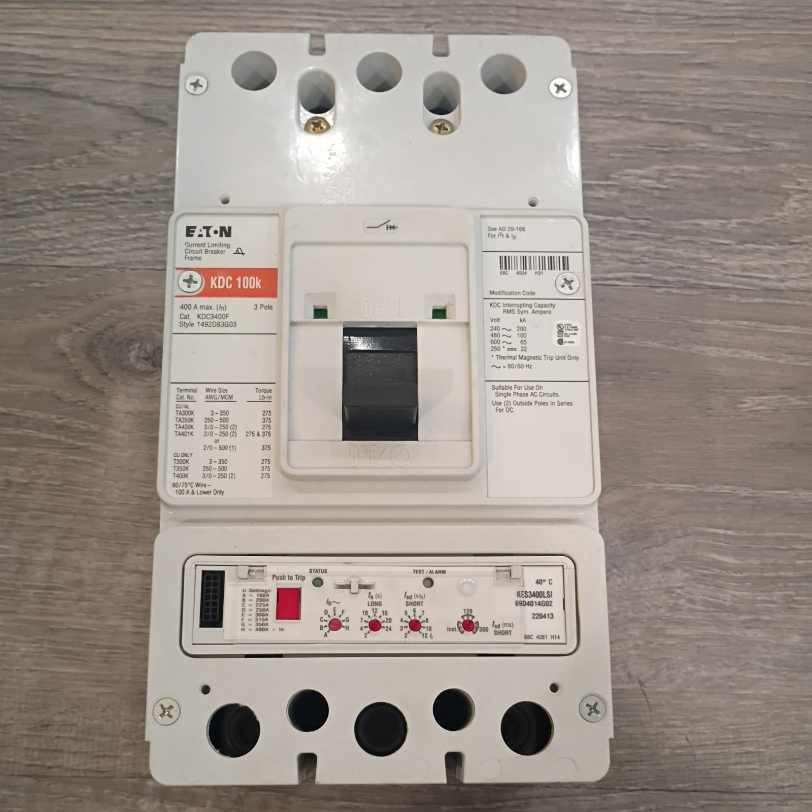 EATON/Cutler Hammer KDC3400F 400A KDC100k Circuit Breaker w/KES3400LSI Trip Unit