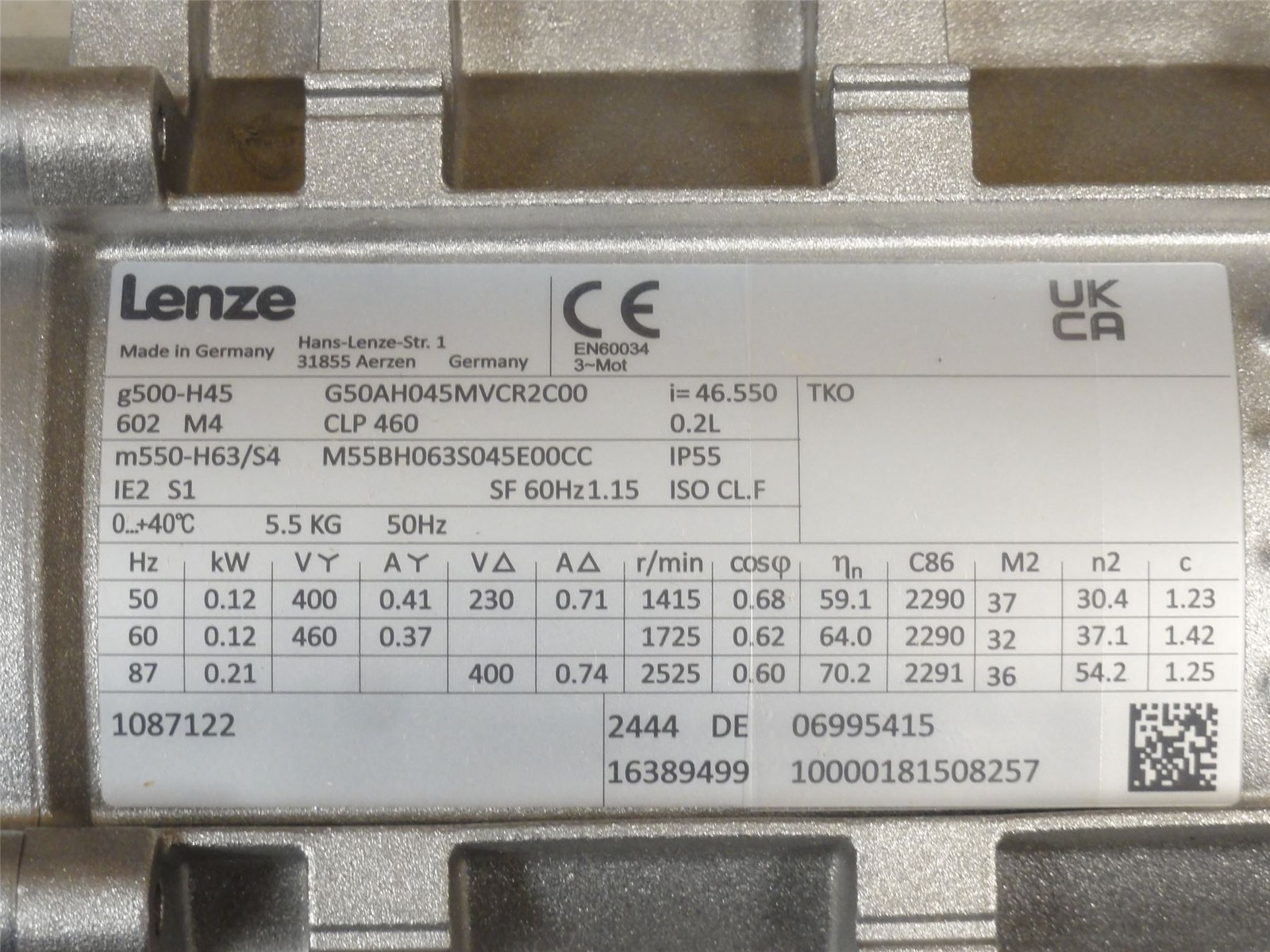 255373 New-No Box; Lenze G50AH045MVCR2C00 Gear-Motor 46.55:1 Ratio 0.12Kw; 460V