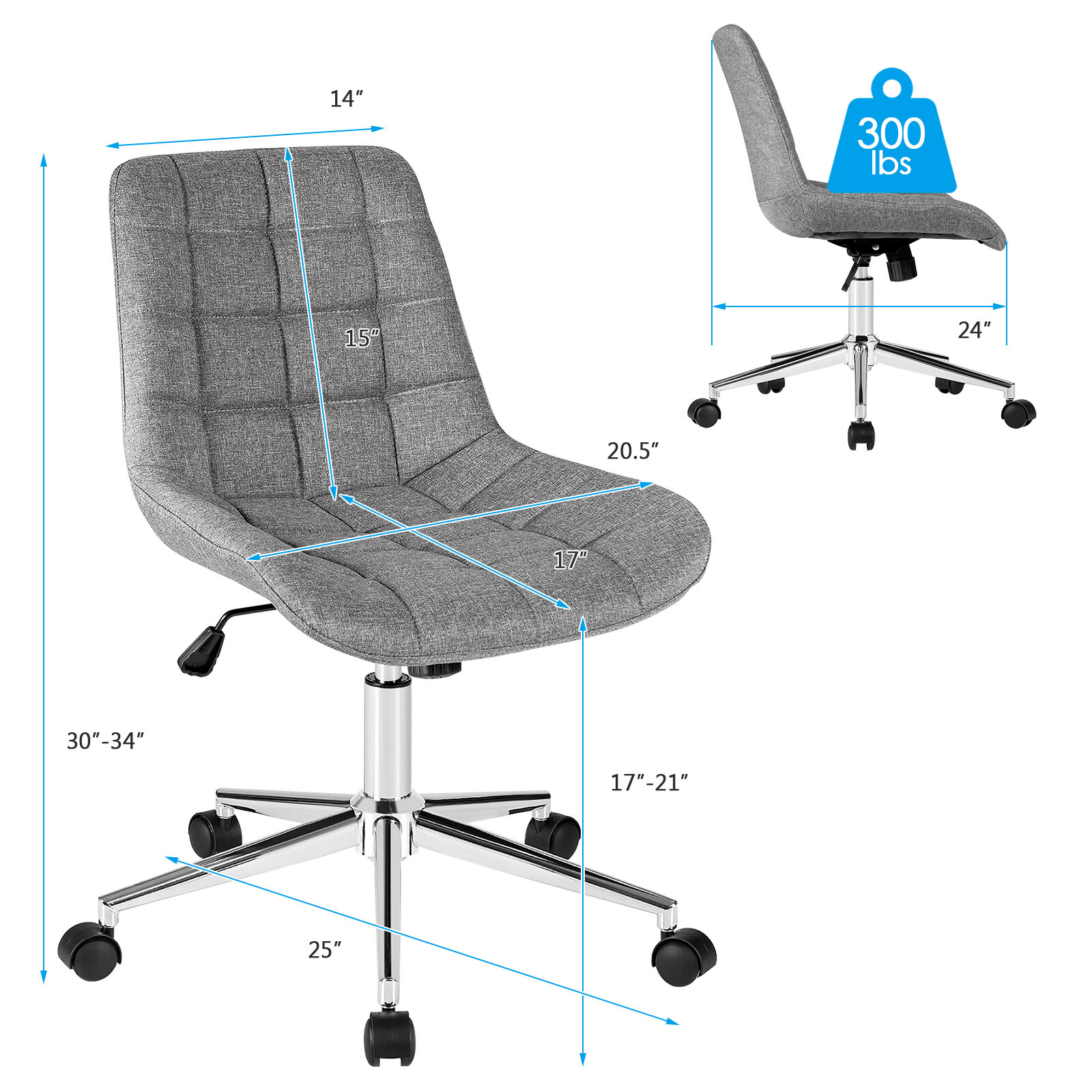 Costway Armless Office Chair Mid-Back Height Adjustable Fabric Task Swivel Chair