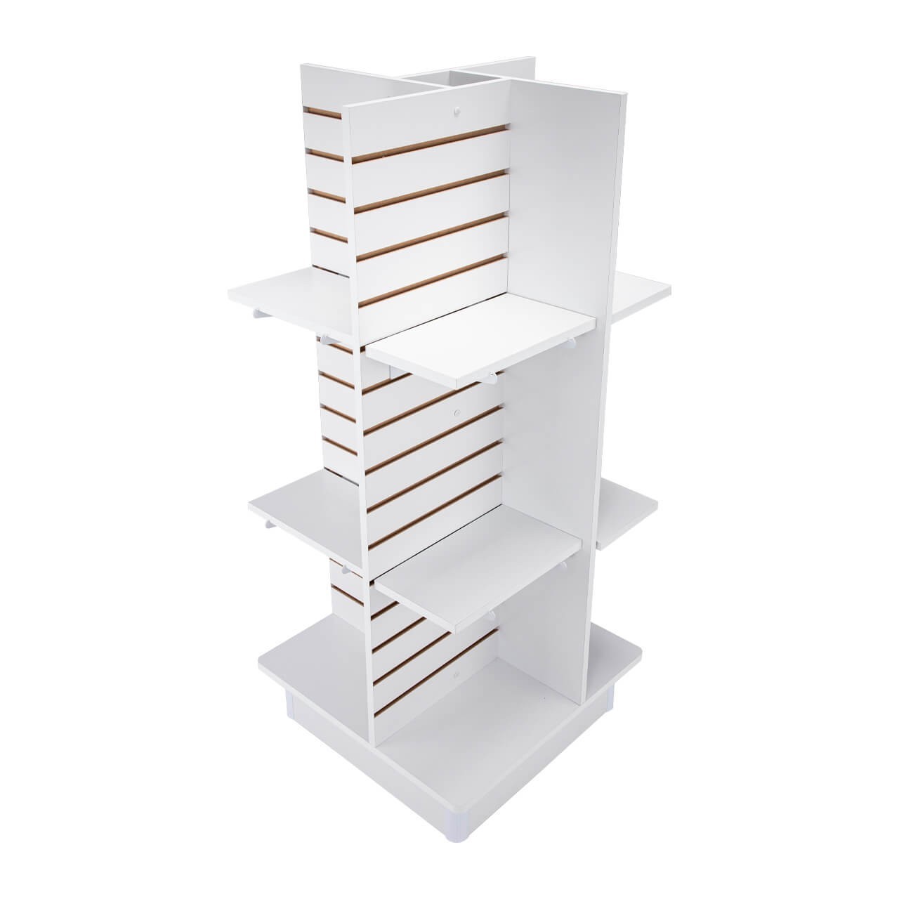4 Panel White Slatwall Tower Casters and Shelves 23″ x 23″ x 54″