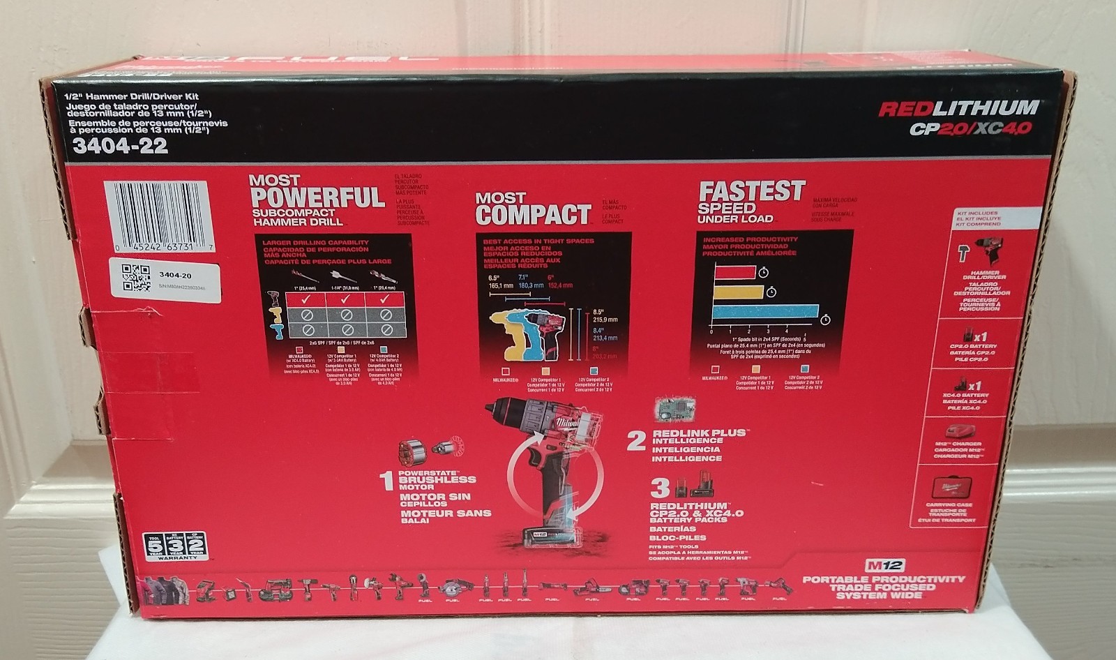 New Milwaukee 3404-22 M12 FUEL Brushless 1/2″ Hammer Drill Kit /Free M12 Ratchet