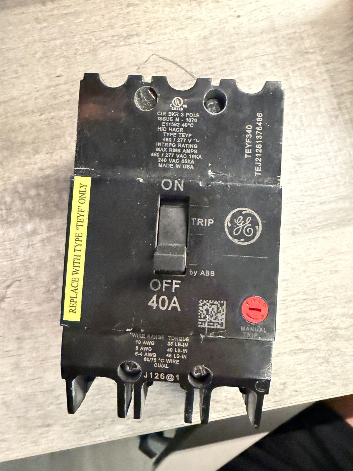 GE TEY340 40A 480Y/277V 3 Pole Circuit Breaker Q-Line Bolt-On