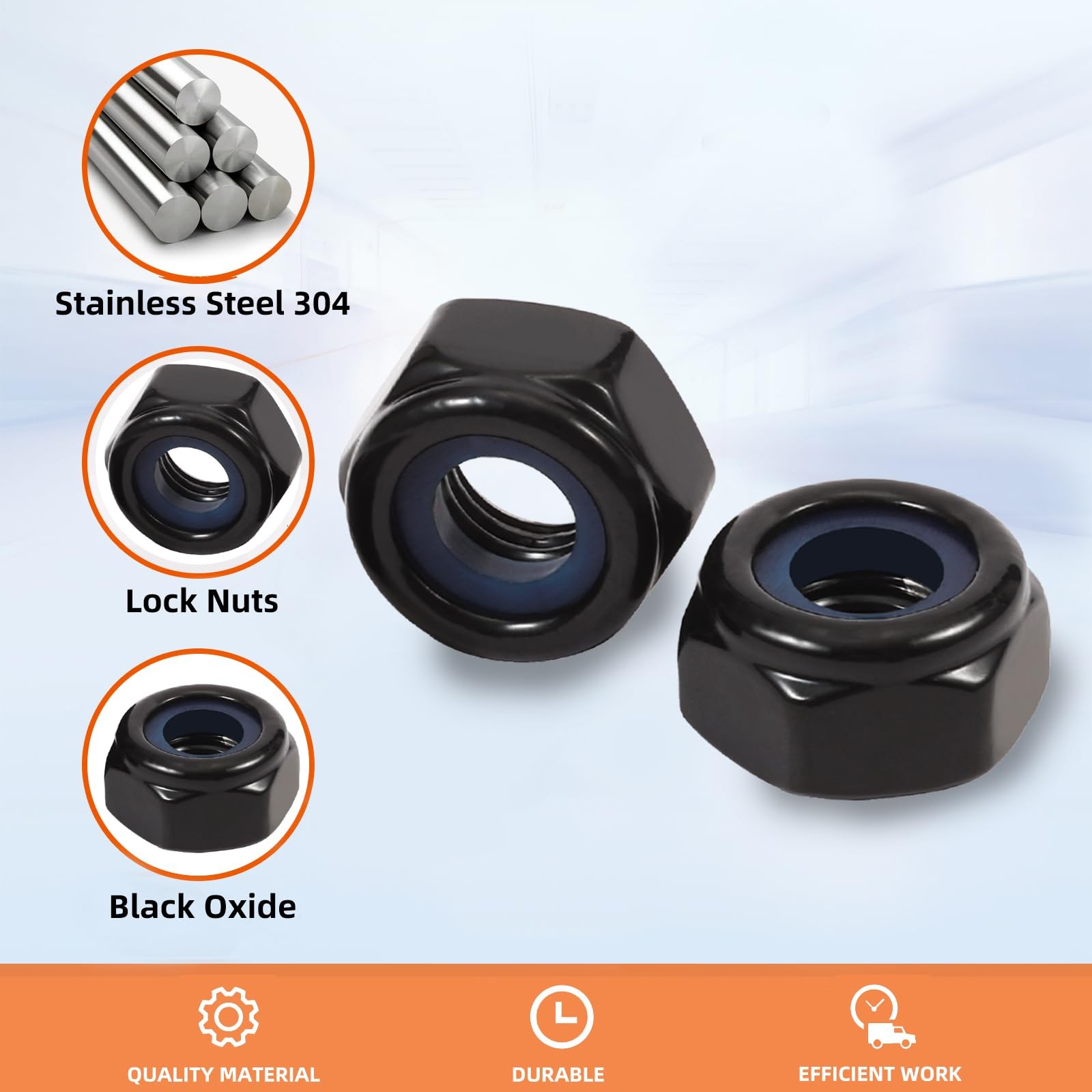 1/2-13 Nylon Insert Hex Lock Nuts Locknuts, 304 Stainless Steel 18-8, Black O…