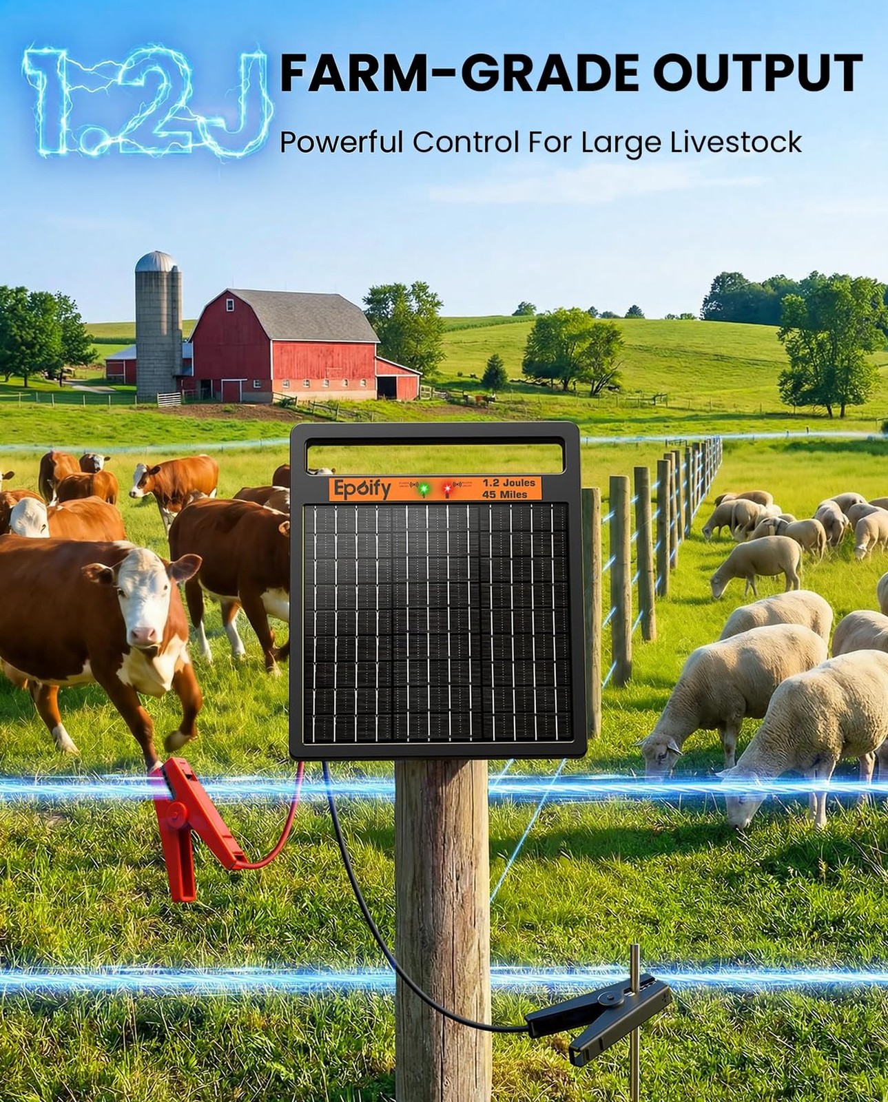 Solar Electric Fence Charger 1.2J Stored Energy, 45 Miles Coverage,8W Solar F…